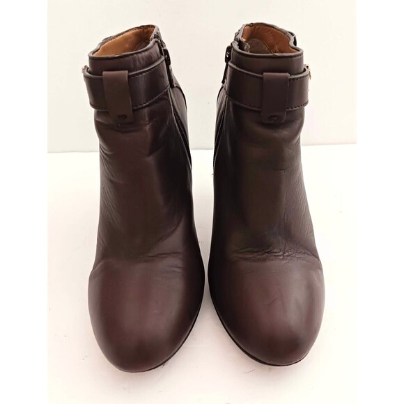 Coach Sondra Choc Brown Leather Heeled Bootie Gold Logo Buckle Strap Side Zip 9M - Picture 4 of 12